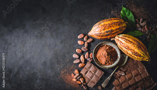 Cacao fruit with dark chocolate and chocolate powder on a black background, top angle with free place