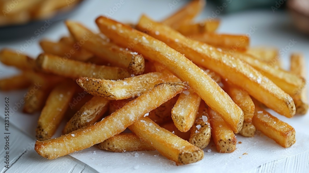 Crispy golden French fries piled on a white surface with a blurred background Crispy golden French fries piled on a white surface with a blurred background