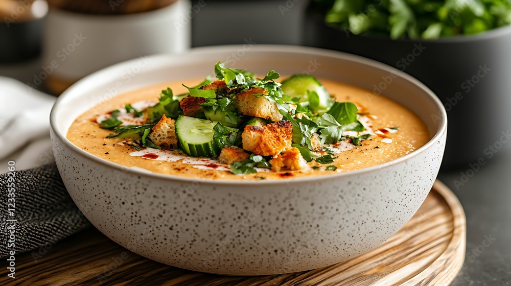 Creamy soup garnished with cucumbers and herbs served in a textured bowl on a wooden board Creamy soup garnished with cucumbers and herbs served in a textured bowl on a wooden board