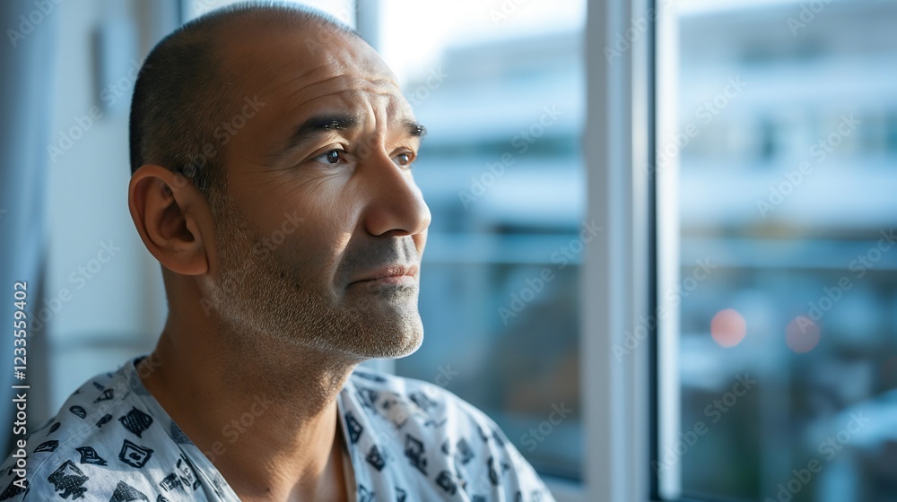 A man with a shaved head looks out a hospital window, displaying a hopeful expression after undergoing cancer treatment, embodying strength on his journey to recovery and healing A man with a shaved head looks out a hospital window, displaying a hopeful expression after undergoing cancer treatment, embodying strength on his journey to recovery and healing