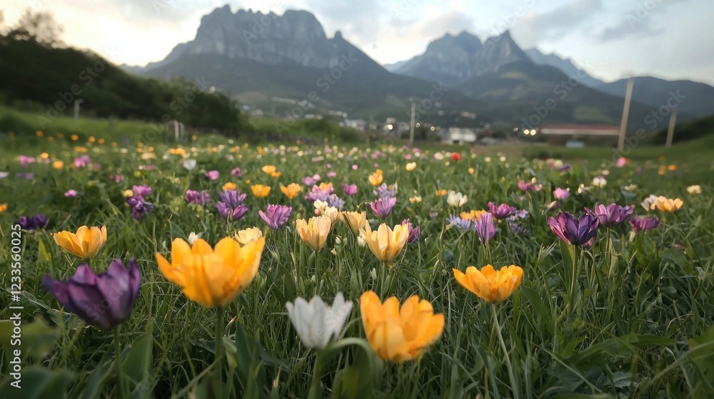 Fototapeta premium Vibrant Wildflower Meadow Mountain Landscape Spring Blooms