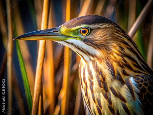 American Bittern, eyes gleaming in the dark, a captivating night-time wildlife close-up amidst the reeds. photo