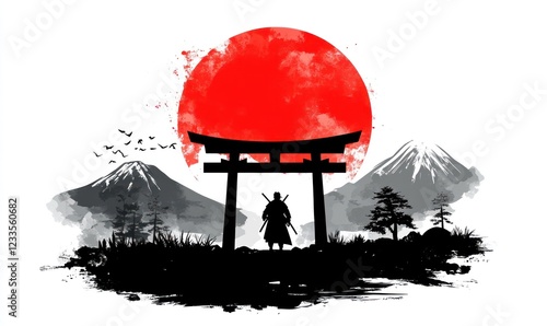 Silhouette of samurai in front of the torii gate with red sun behind