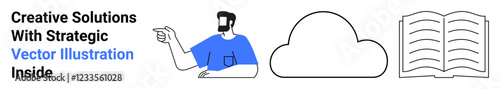 Man pointing to abstract cloud and open book icons, symbolizing creativity, collaboration, education, and strategy. Ideal for design, learning, communication, technology teamwork innovation