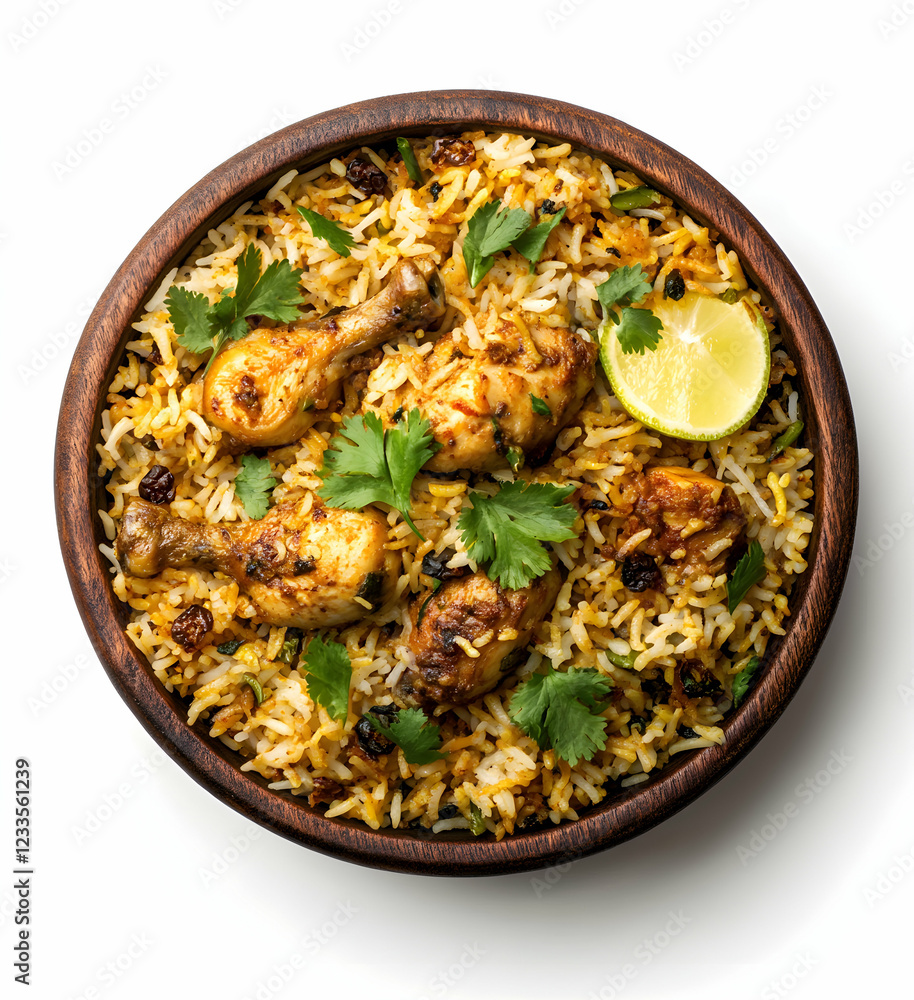 Delicious Chicken Biryani in a Wooden Bowl Delicious Chicken Biryani in a Wooden Bowl