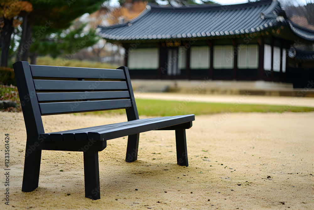 Serene Black Bench in a Tranquil Garden Setting, Near a Traditional Asian House Serene Black Bench in a Tranquil Garden Setting, Near a Traditional Asian House