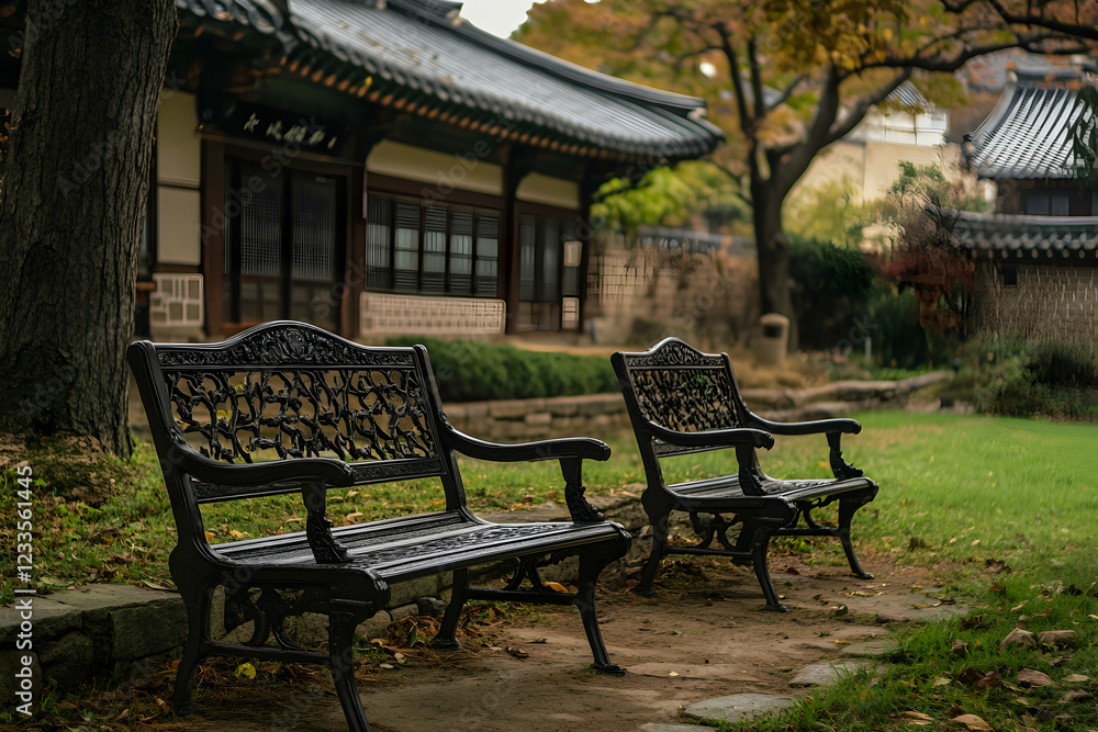 Serene Garden Benches near Traditional Korean House Serene Garden Benches near Traditional Korean House