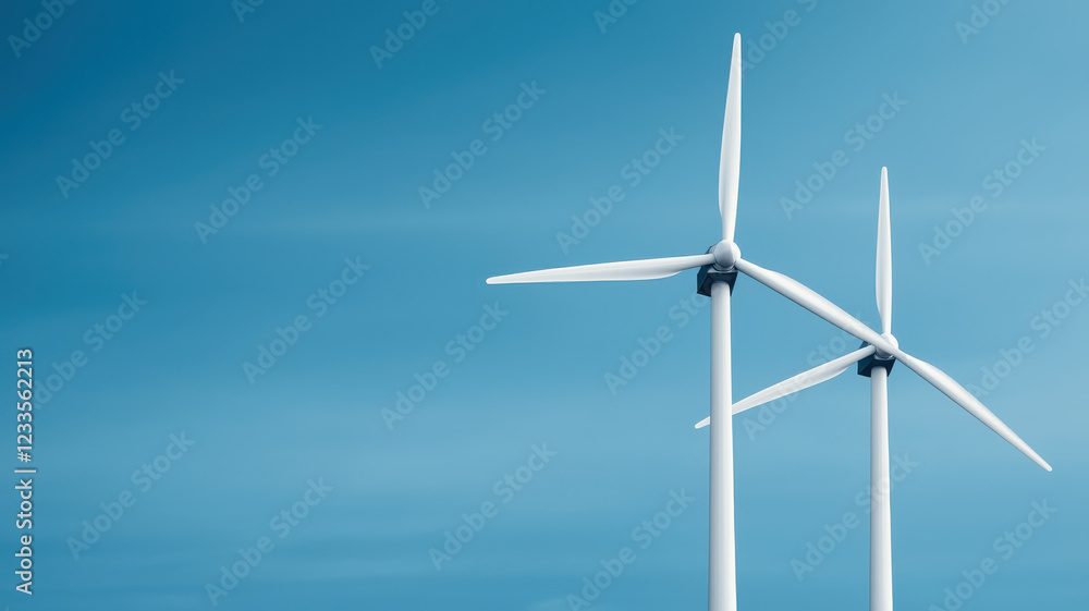 Wind turbines generating clean energy against blue sky backdrop Wind turbines generating clean energy against blue sky backdrop