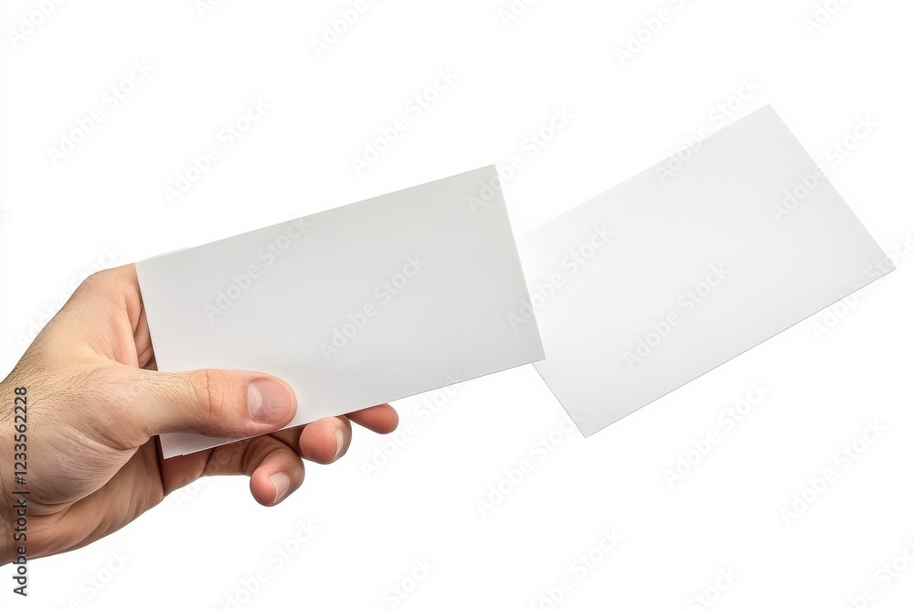 Isolated depiction of a hand holding multiple unmarked papers.