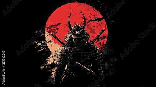 A minimalistic black background with the silhouette of an ancient samurai in red, holding up his sword and ready to fight