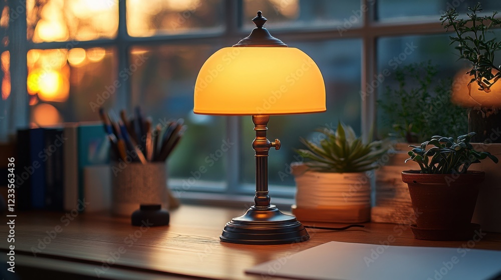 Warm Evening Glow Illuminated Desk Lamp with Plants Books Warm Evening Glow Illuminated Desk Lamp with Plants Books