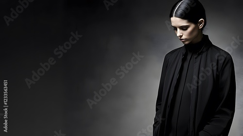 A somber portrait of a person dressed in black, conveying a mood of introspection and elegance. photo