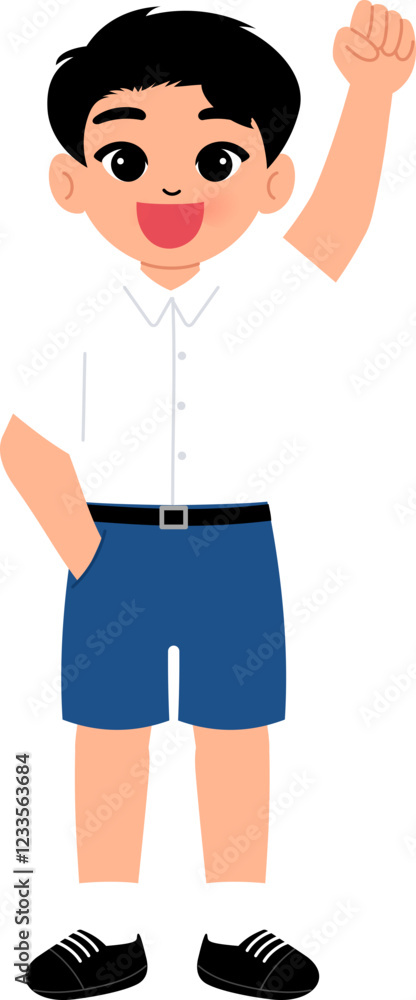 smiling boy wearing Thai school uniform with short blue pants thinking illustration smiling boy wearing Thai school uniform with short blue pants thinking illustration