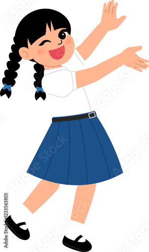 smiling girl wearing Thai high school uniform presenting hand illustration