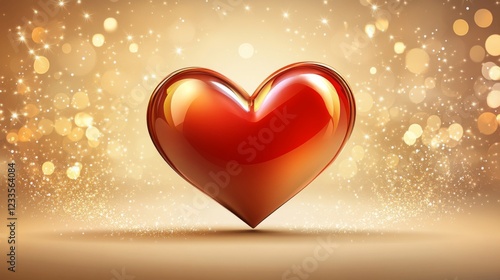 Shiny Red Heart Against Golden Sparkling Background