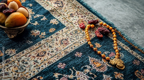 Ramadan kareem celebration with islamic prayer carpet, rosary, and dried fruits for festive atmosphere photo