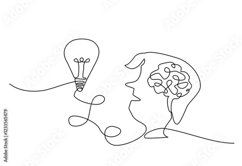 Continuous one line drawing showing a lightbulb representing ideas, connected to a man's head with a brain design, symbolizing creativity and thinking, Vector illustration, Editable stroke