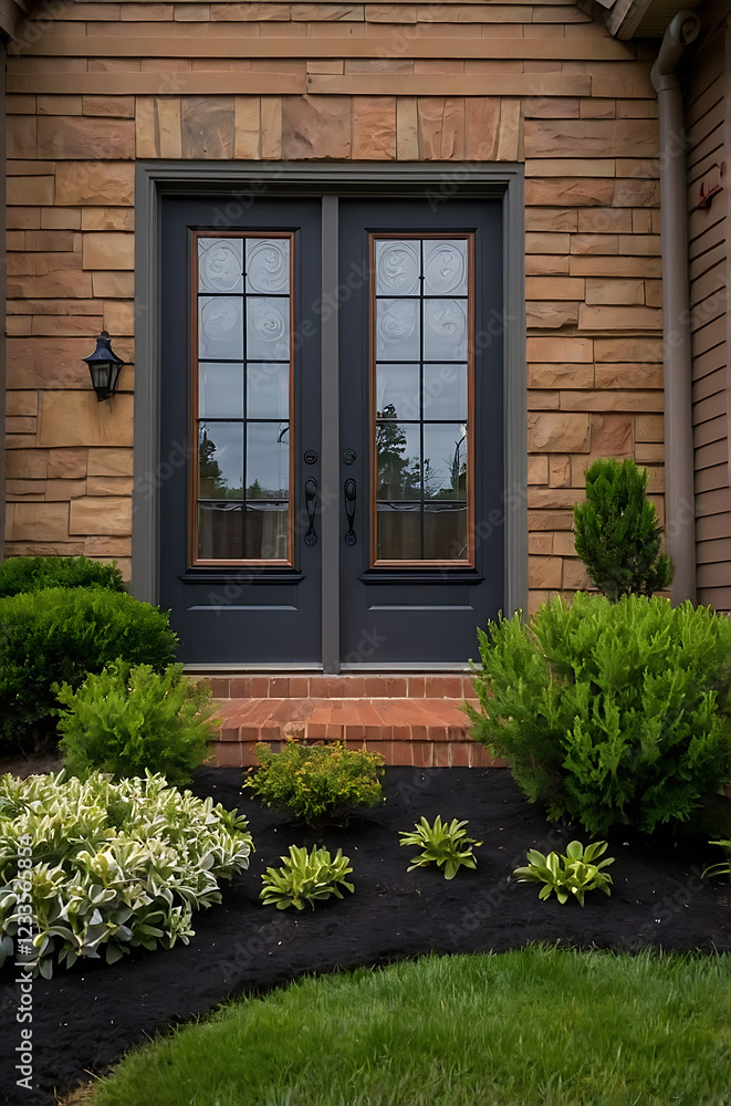 Elegant Home Entrance with Brick Exterior and Lush Landscaping. A captivating view of a beautiful house's front entrance, showcasing stunning brickwork, landscaping, and a grand double door. Elegant Home Entrance with Brick Exterior and Lush Landscaping. A captivating view of a beautiful house's front entrance, showcasing stunning brickwork, landscaping, and a grand double door.