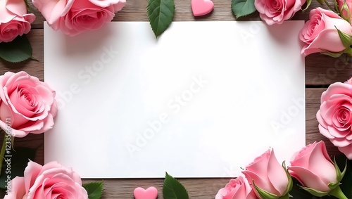 Top view of large blank white paper card with pink roses and pink hearts shape, isolated on wooden background, Valentine's Day or Women's Day celebration concept