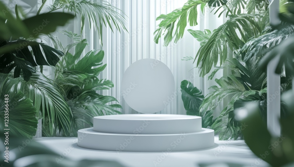 White podium surrounded by lush tropical foliage, ideal for product display. White podium surrounded by lush tropical foliage, ideal for product display.