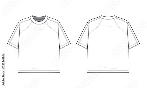 Raglan Oversized T-Shirt Technical Fashion Illustration. Loose-Fit Short-Sleeve Tee Vector Template. Front and back view. Casual Streetwear. Men’s and Women’s Wear. White color. CAD Mockup Set.