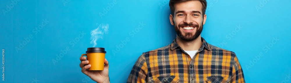 Obraz premium Happy man holding coffee, blue background. Website banner