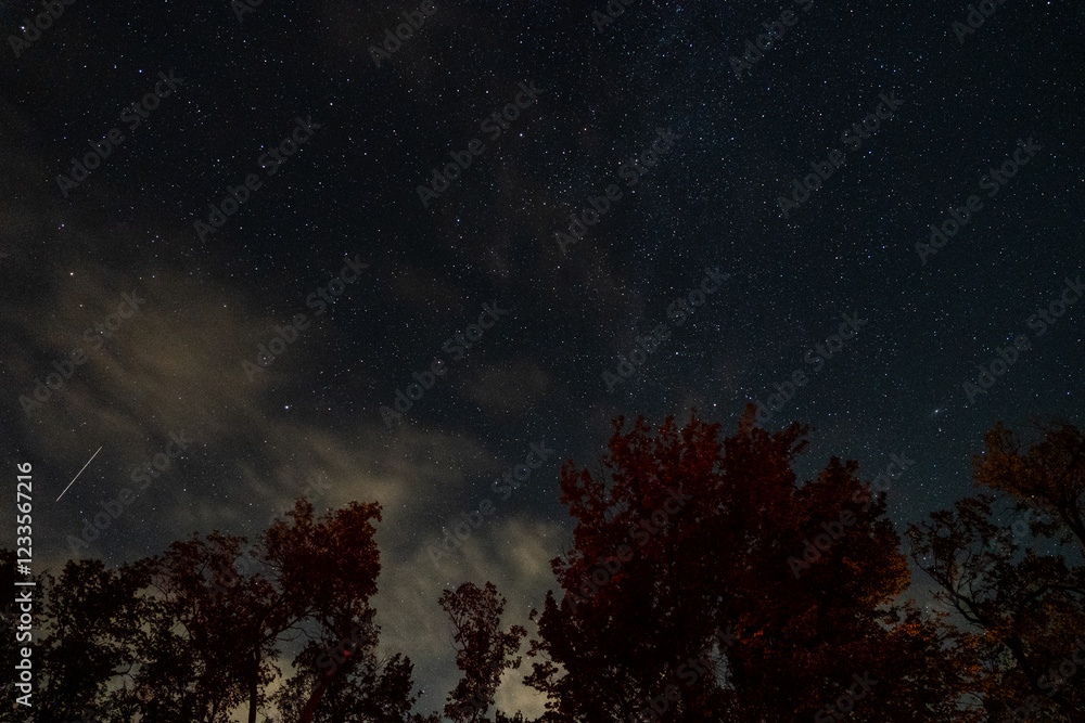 Naklejka premium Milky Way galaxy visible during night with shooting stars