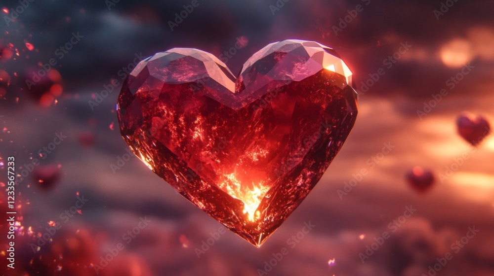 Glowing Crimson Crystal Heart Amidst Cloudy Skies Glowing Crimson Crystal Heart Amidst Cloudy Skies