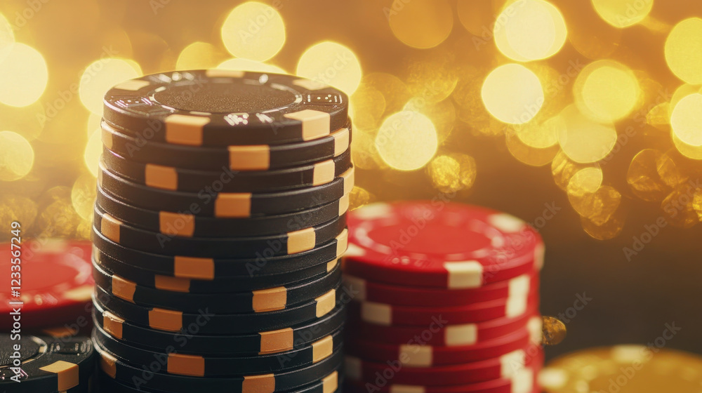 Stacks of black and red poker chips on casino table with vibrant background Stacks of black and red poker chips on casino table with vibrant background