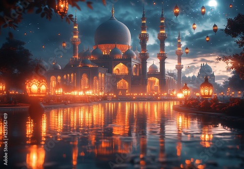 Tranquil evening scene with a mosque reflected in water surrounded by glowing lanterns

 photo