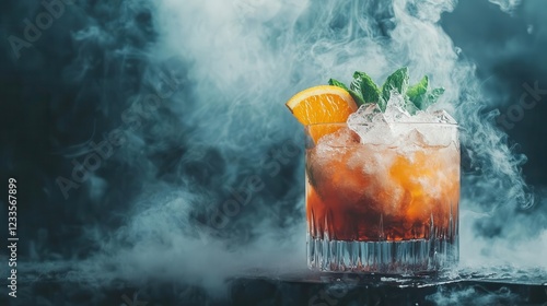 luxurious craft cocktail with smokeinfused bourbon garnished with crystallized citrus and fresh herbs captured in moody dramatic lighting photo