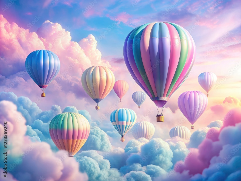 Fototapeta premium Close-up macro shot: pastel balloons soar in a fantasy landscape, dreamy clouds blurring below.
