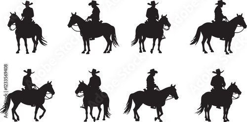 Cowboys on horses silhouettes on a white background Cowboy riding horse, Cowboy galloping with lasso, Vector illustrations isolated on white background