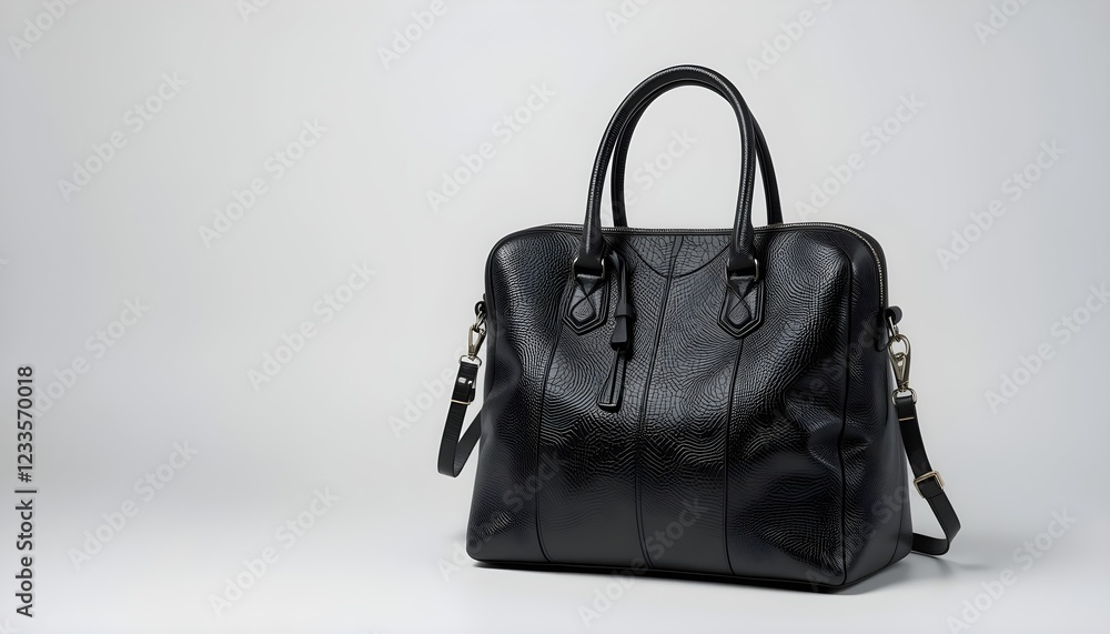 A black leather handbag placed against a plain white backdrop A black leather handbag placed against a plain white backdrop