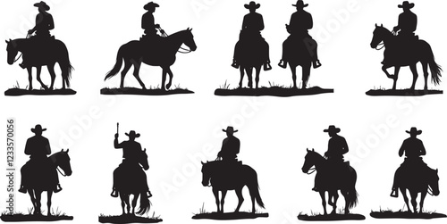 Cowboys on horses silhouettes on a white background Cowboy riding horse, Cowboy galloping with lasso, Vector illustrations isolated on white background