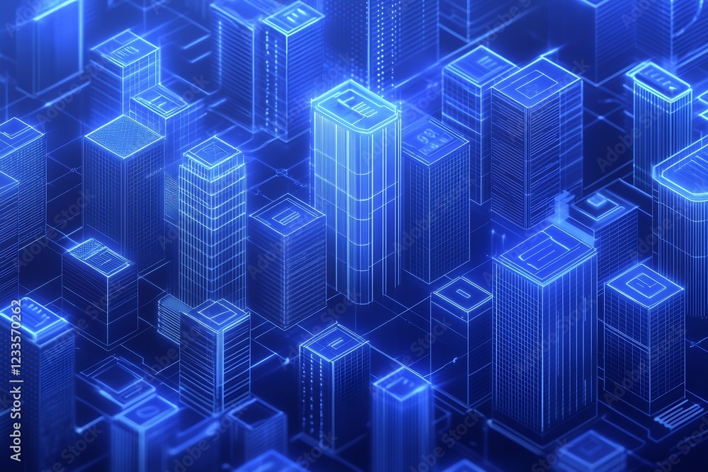Digital Blueprints of Illuminated Skyscrapers in a Digital Metropolis Landscape : Generative AI