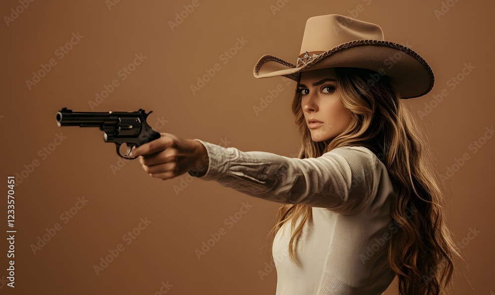 a woman wearing a cowboy hat, holding a toy gun, Generative AI a woman wearing a cowboy hat, holding a toy gun, Generative AI
