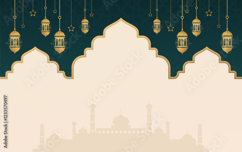 Ramadan Kareem Vector Design. Beautiful Islamic Background with Lanterns & Stars