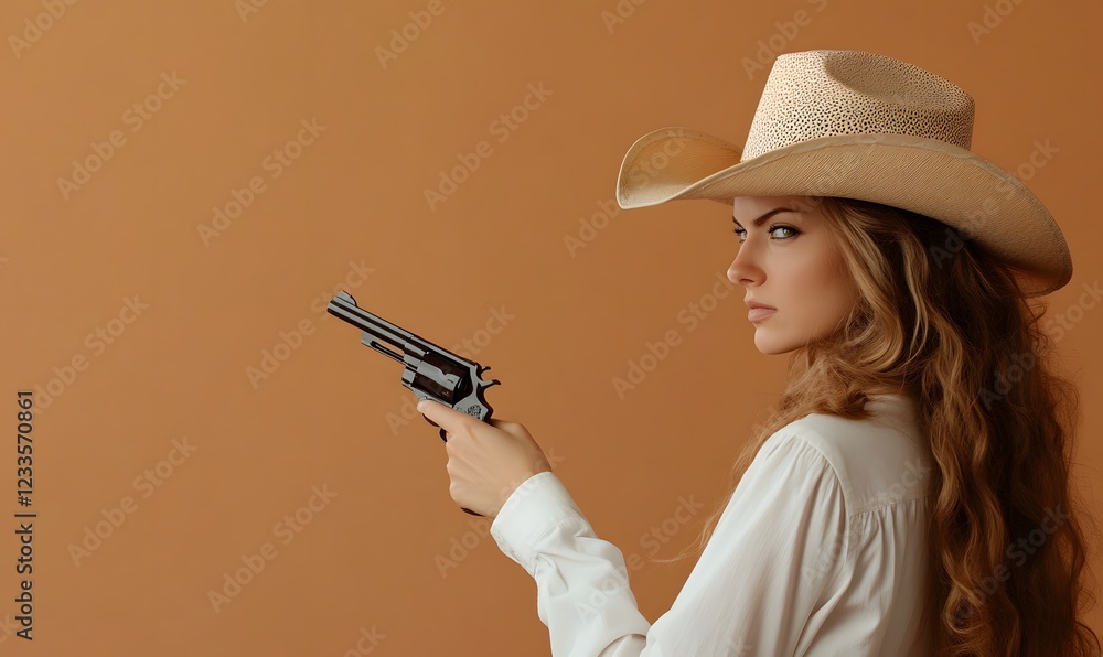 a woman wearing a cowboy hat, holding a toy gun, Generative AI a woman wearing a cowboy hat, holding a toy gun, Generative AI