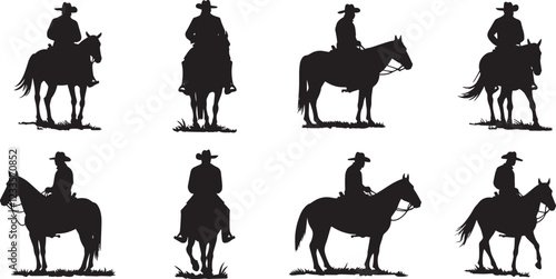 Cowboys on horses silhouettes on a white background Cowboy riding horse, Cowboy galloping with lasso, Vector illustrations isolated on white background
