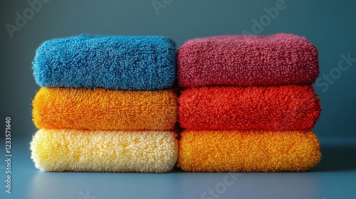 Stack of Colorful Soft Bath Towels Bright Cotton Terrycloth Spa Texture