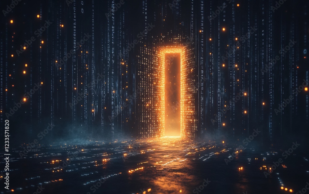 Naklejka premium Digital Gateway: A luminous portal through a cascading stream of data, beckoning towards the unknown