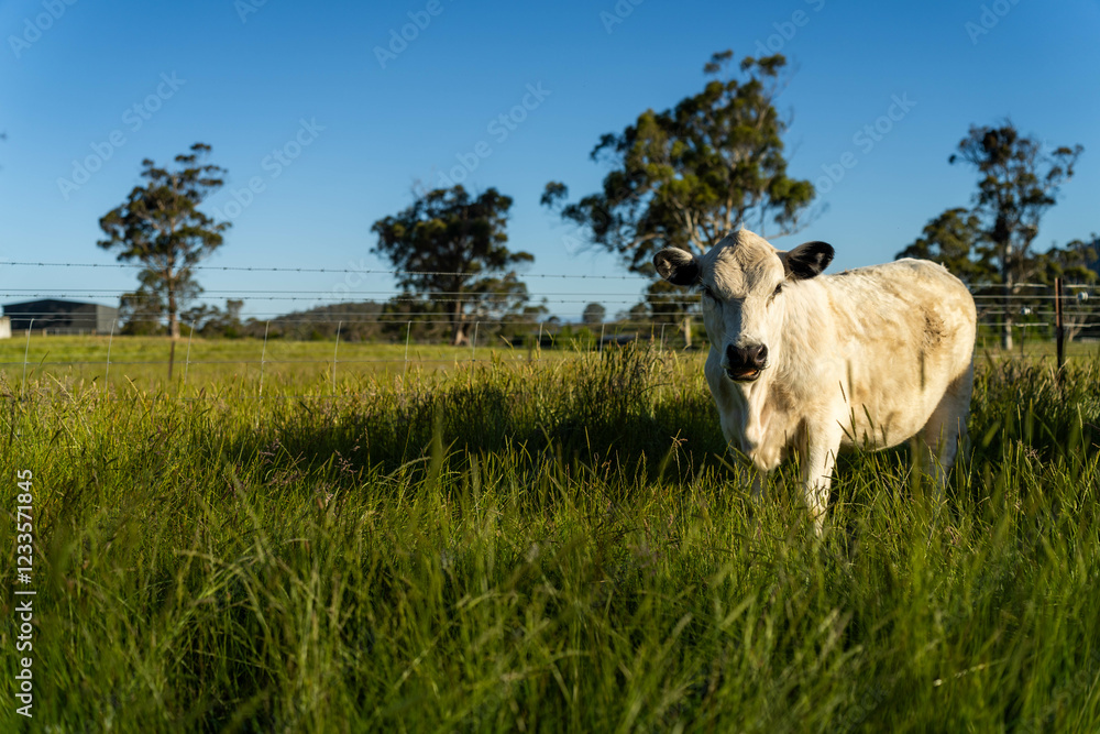 Obraz premium beautiful cattle in Australia eating grass, grazing on pasture. Herd of cows free range beef being regenerative raised on an agricultural farm. Sustainable farming