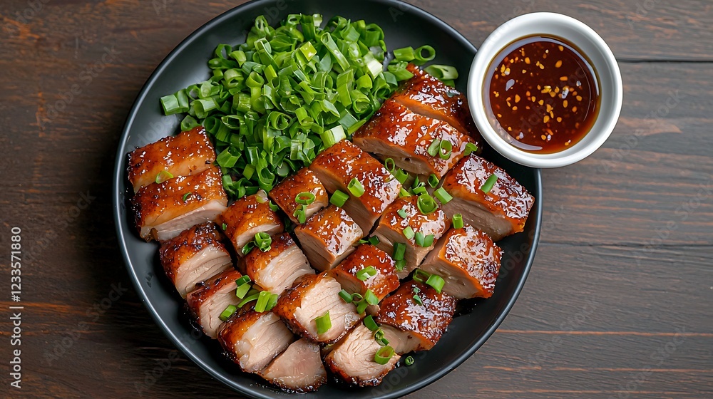 Deliciously plated roasted pork slices garnished with green onions and dipping sauce on a wooden table Deliciously plated roasted pork slices garnished with green onions and dipping sauce on a wooden table
