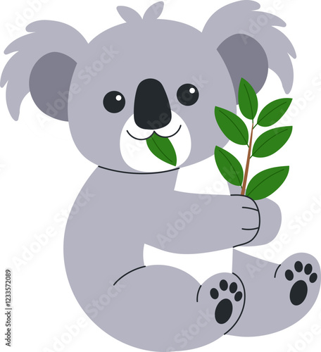 Cute Koala Cartoon Character Holding Branch and Eating Leaf illustration