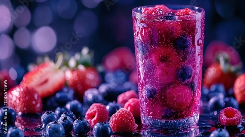 Sparkling berry drink, summer refreshment, fruit closeup photo