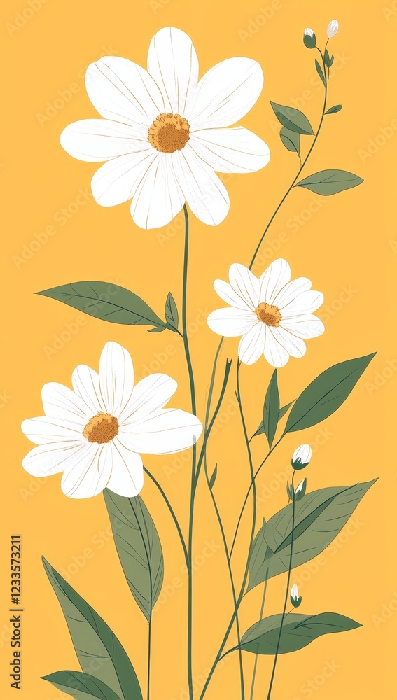 White daisies with green stems and leaves on yellow background. White daisies with green stems and leaves on yellow background.