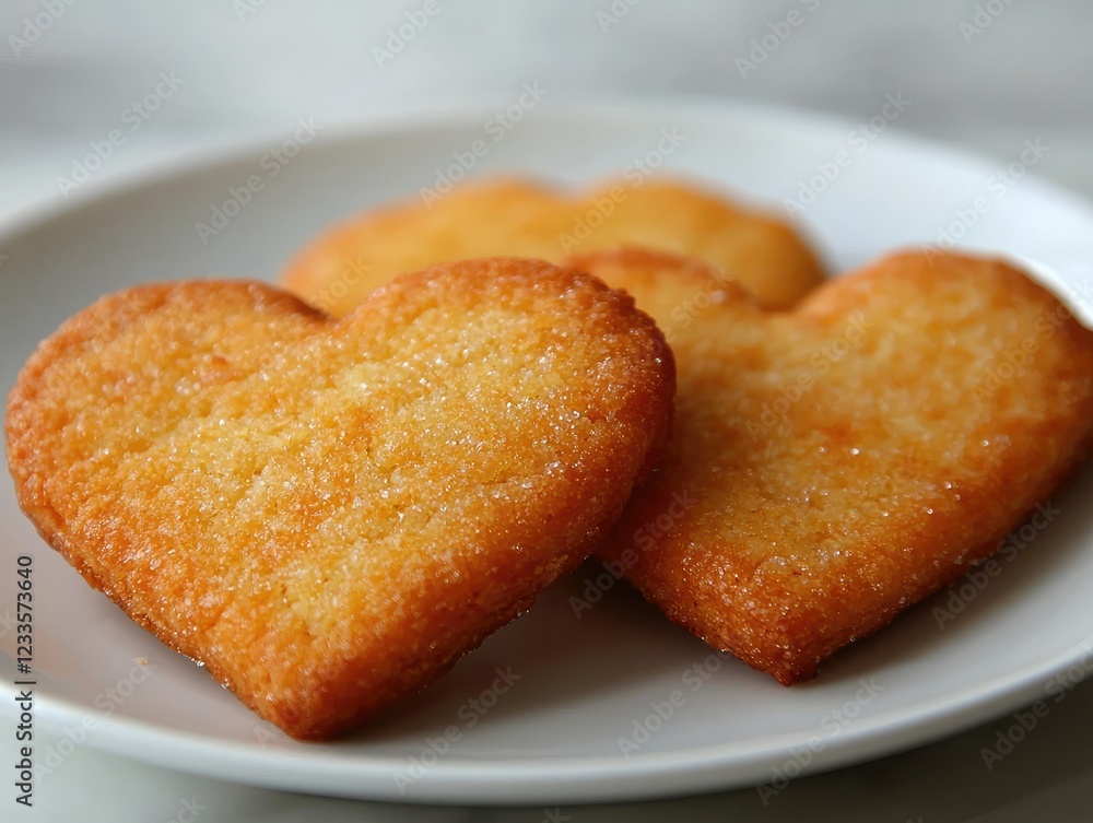 Heart-shaped cookies on a plate, lightly sugared and golden brown. Heart-shaped cookies on a plate, lightly sugared and golden brown.