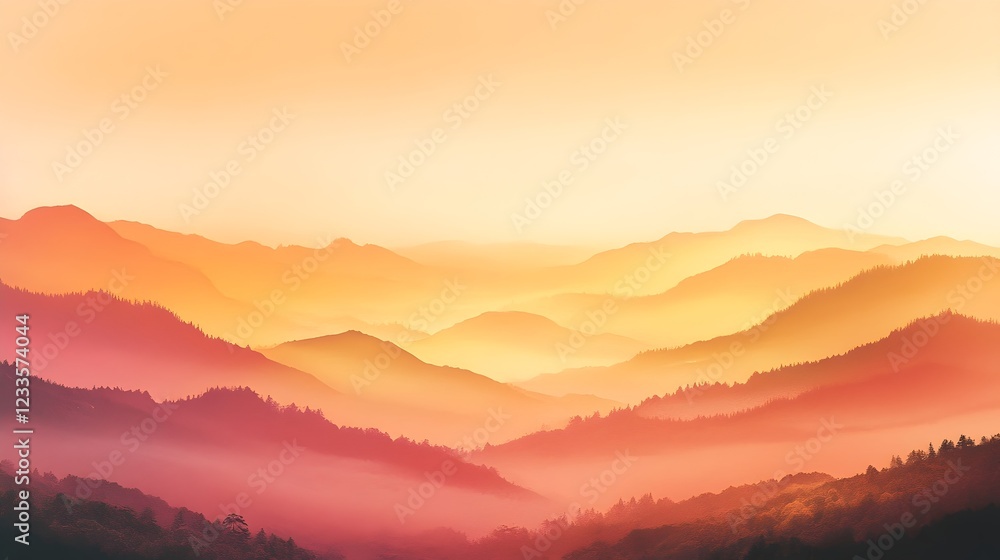 Fototapeta premium This image depicts a layered mountain range at sunset, with a warm, hazy atmosphere.