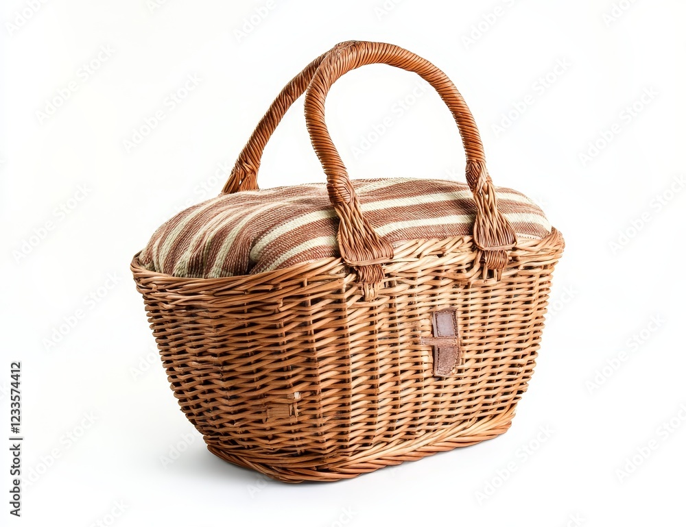 Fototapeta premium Wicker picnic basket with striped liner.